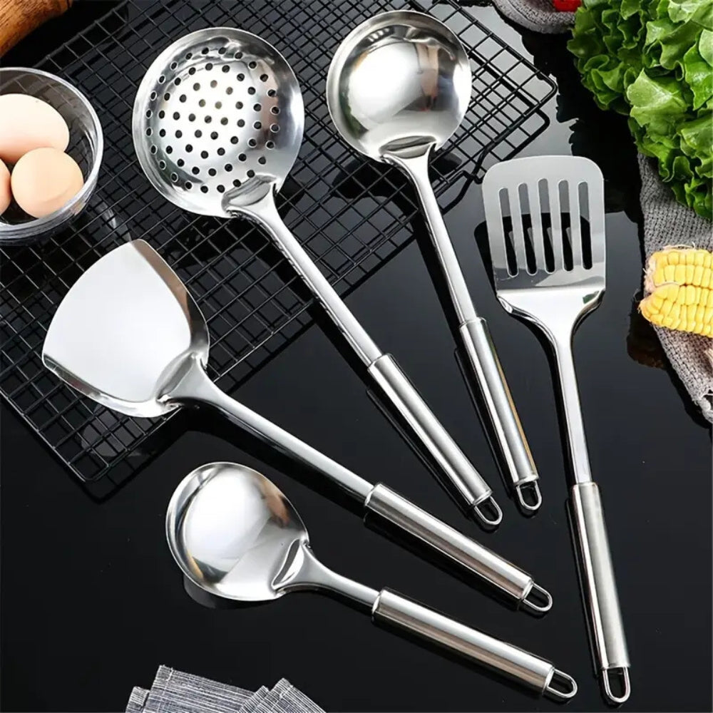 5-Piece Stainless Steel Cooking Utensil Set with Ergonomic Handles – Durable, Heatproof Kitchen Tools for Home and Professional Use 0