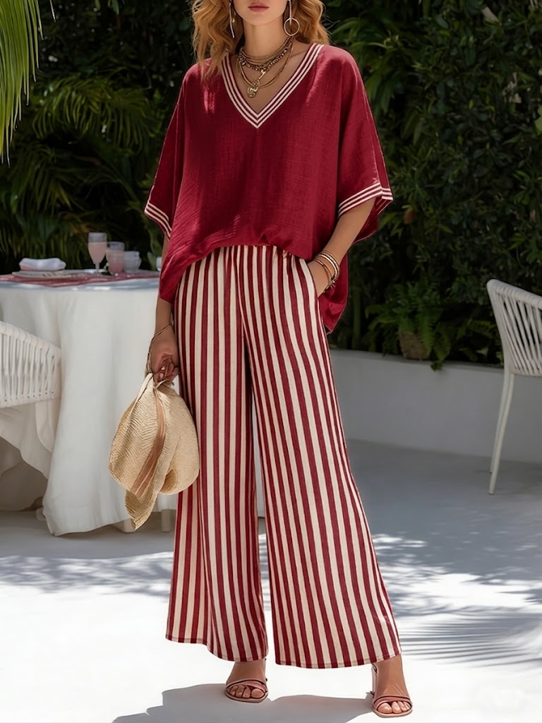 Amelia - Elegant Striped Linen Cotton Two-Piece Casual Set for Summer Events 0