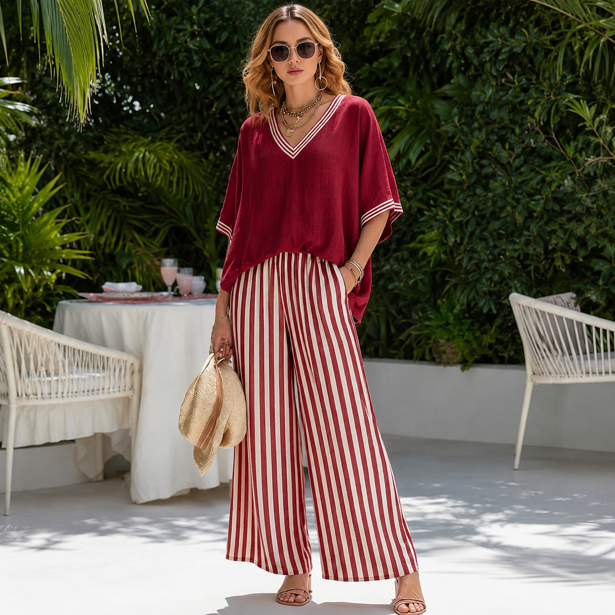 Amelia - Elegant Striped Linen Cotton Two-Piece Casual Set for Summer Events 00