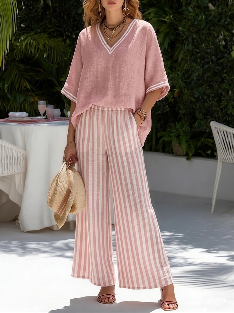 Amelia - Elegant Striped Linen Cotton Two-Piece Casual Set for Summer Events 1