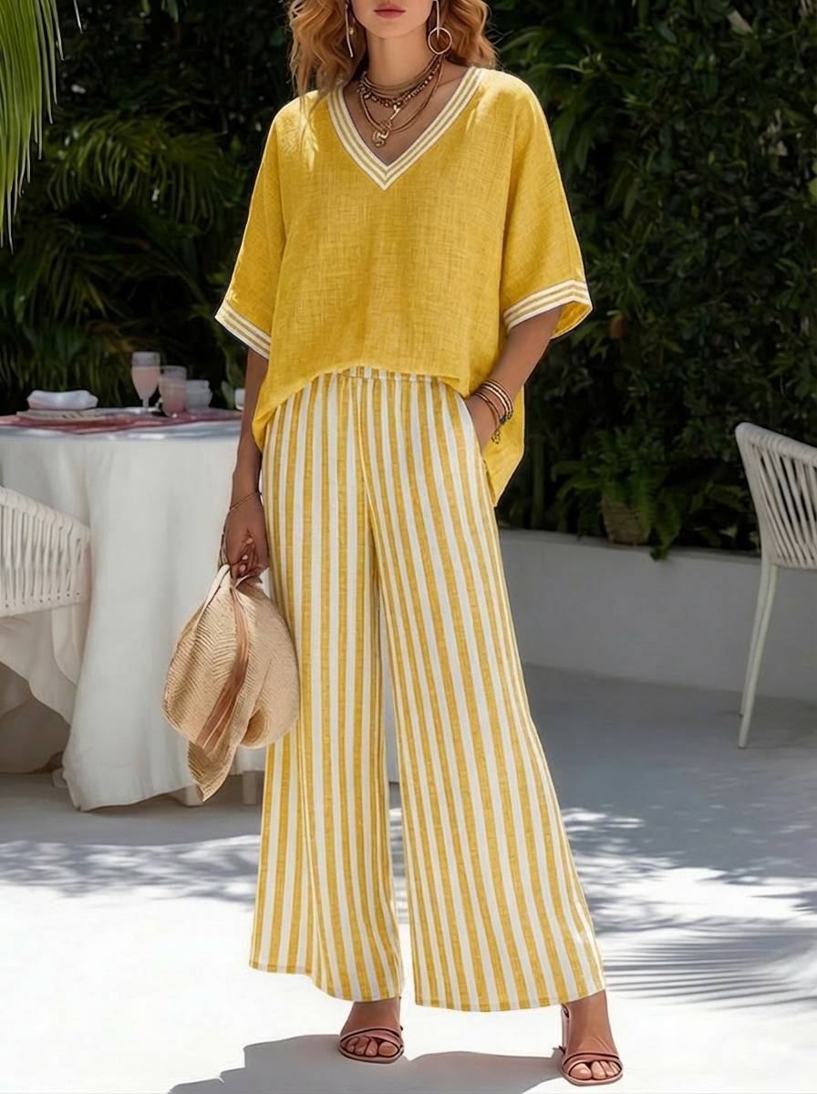 Amelia - Elegant Striped Linen Cotton Two-Piece Casual Set for Summer Events 3