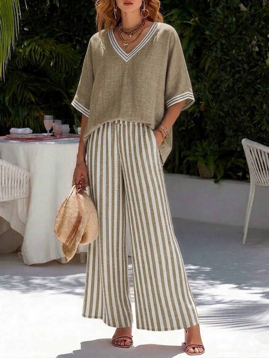 Amelia - Elegant Striped Linen Cotton Two-Piece Casual Set for Summer Events 5
