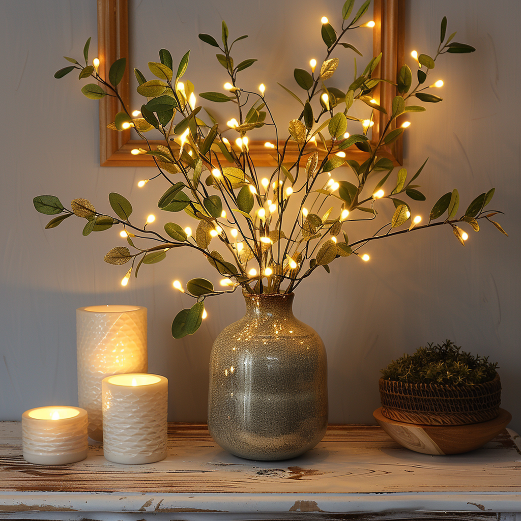 Battery Operated Olive Branch LED Lights - Warm White Twig Lights for Vase Decor