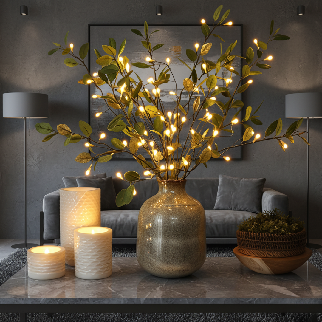 Battery Operated Olive Branch LED Lights - Warm White Twig Lights for Vase Decor