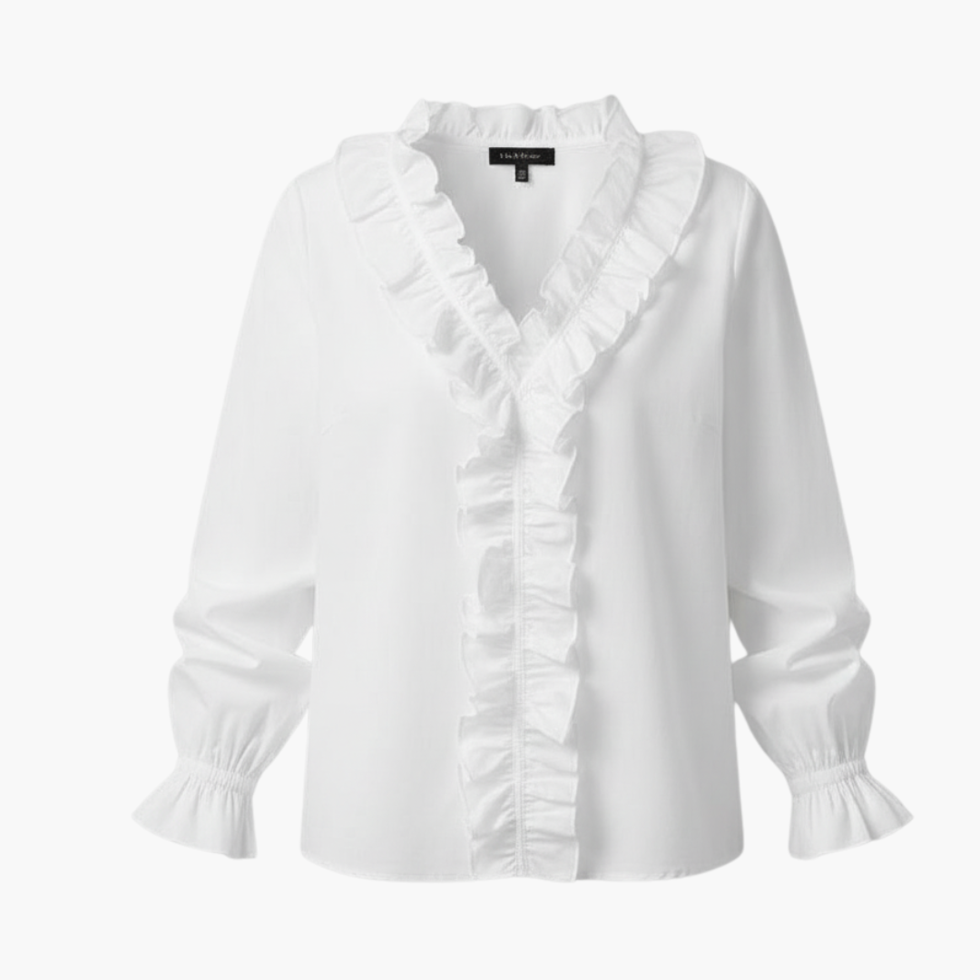 Bella Women's Blouse | V-Neck Ruffle Long Sleeve Top, Woven Fabric 1