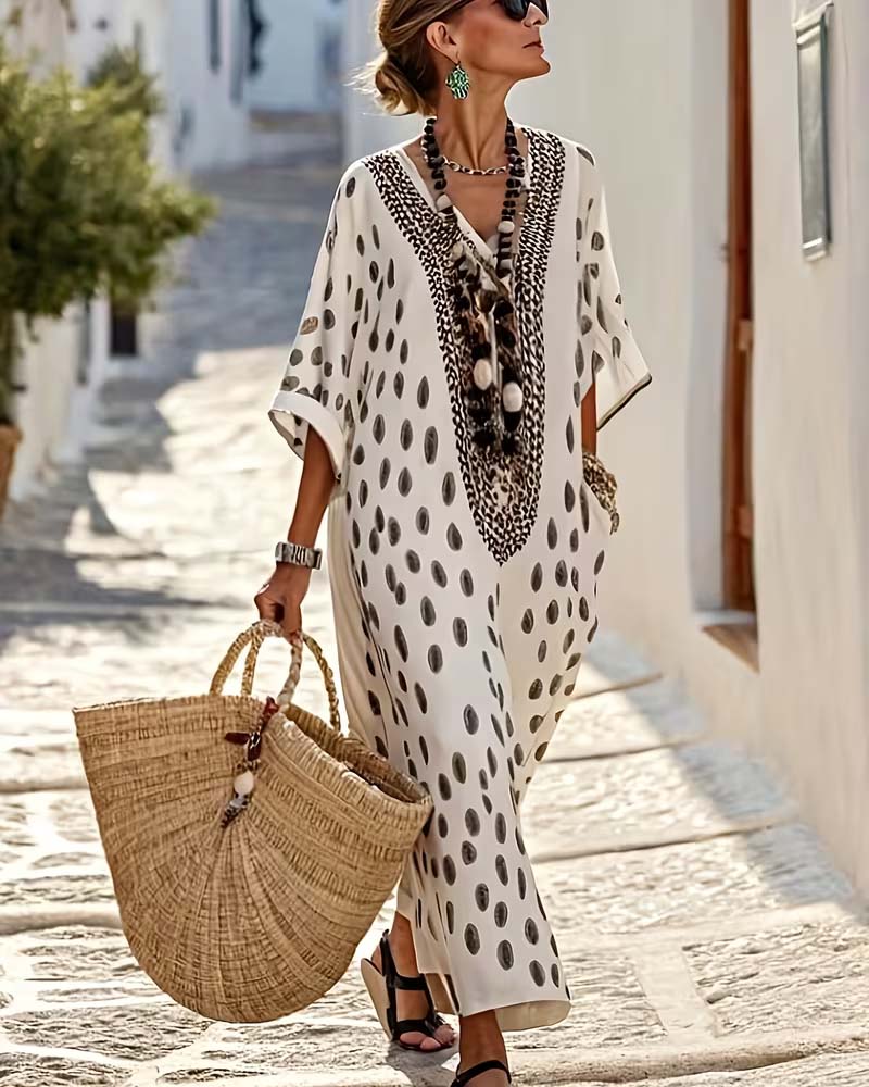 Chic Resort Print Polka Dot Maxi Dress with 3/4 Sleeves for Women 0