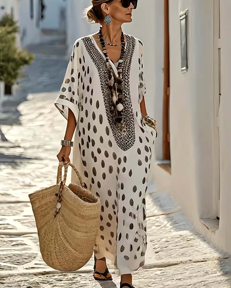 Chic Resort Print Polka Dot Maxi Dress with 3/4 Sleeves for Women 1