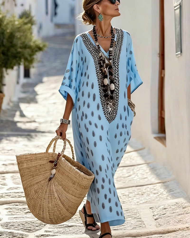 Chic Resort Print Polka Dot Maxi Dress with 3/4 Sleeves for Women 3