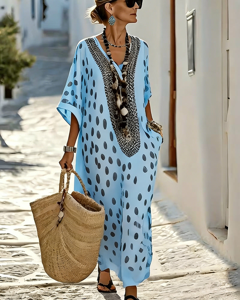 Chic Resort Print Polka Dot Maxi Dress with 3/4 Sleeves for Women 5