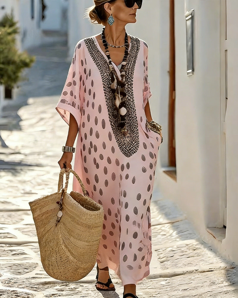Chic Resort Print Polka Dot Maxi Dress with 3/4 Sleeves for Women 8