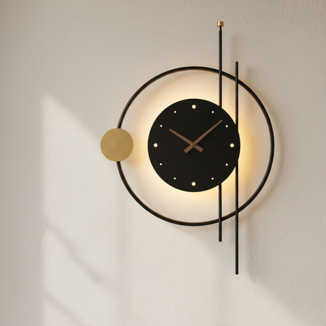 ChronoLumina Illuminated Wall Clock - Black & Gold Minimalist LED Sconce Clock
