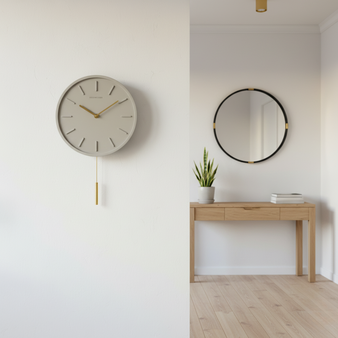 CimentAure Matte Cement & Brass Pendulum Clock - Silent Industrial Wall Clock