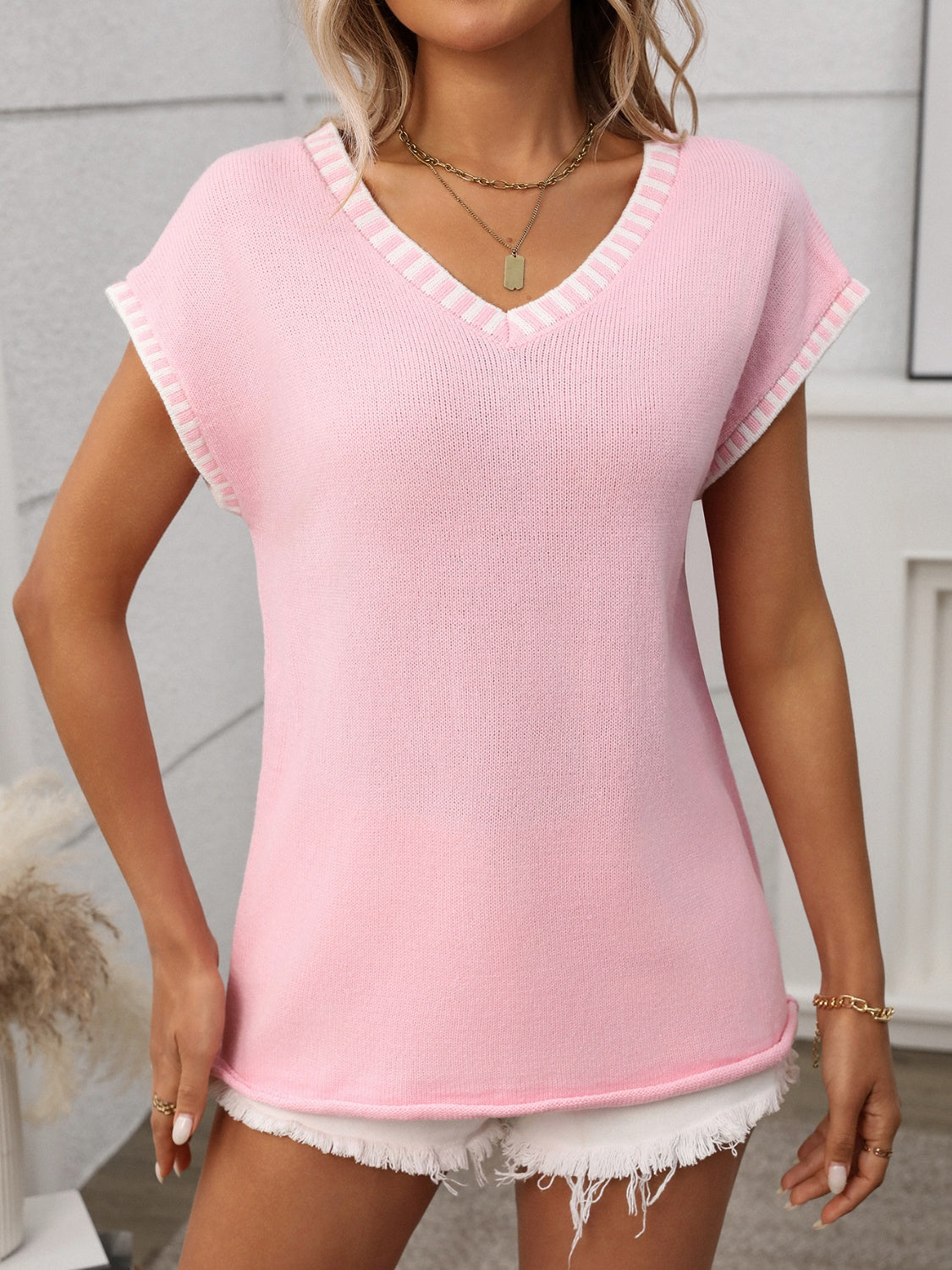 Cleo Women's Knit Top | V-Neck, Contrast Trim, Lightweight Fabric 8