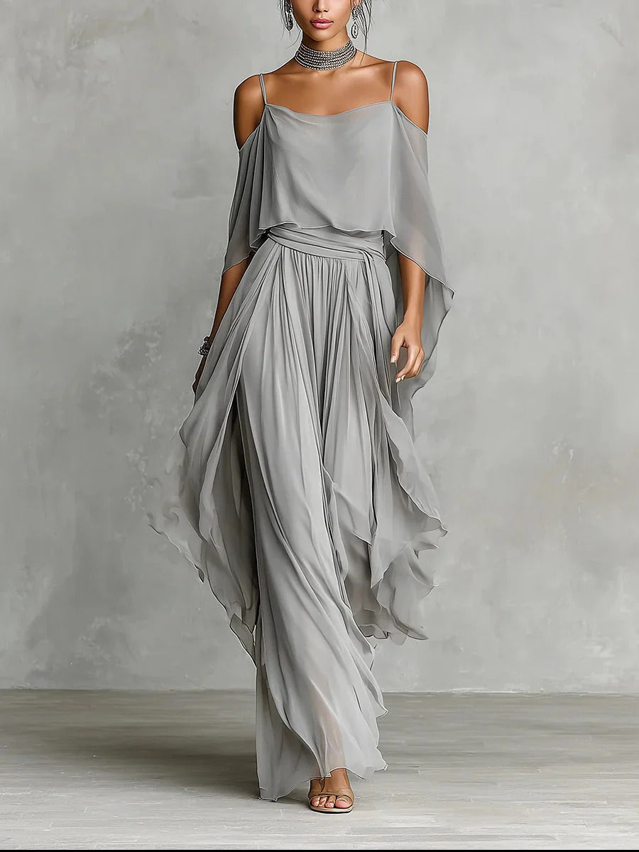 Elegant Gray Women's Set - Flowy Cami Top & Light Wide Trousers for Special Occasions 0