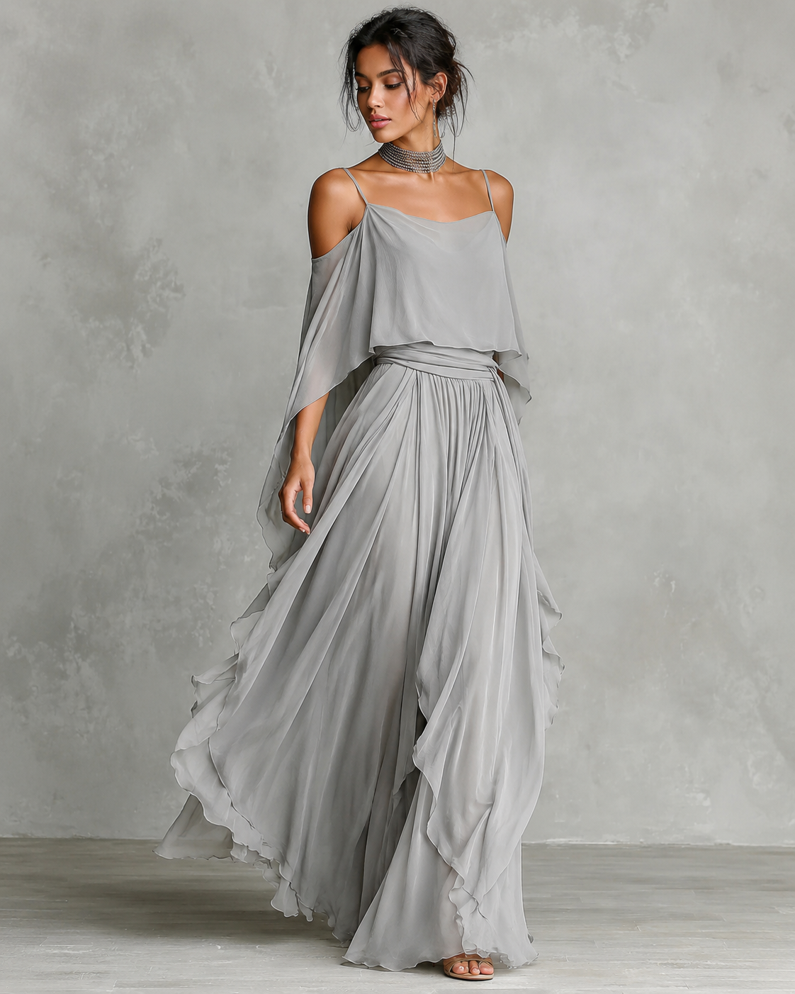 Elegant Gray Women's Set - Flowy Cami Top & Light Wide Trousers for Special Occasions 01