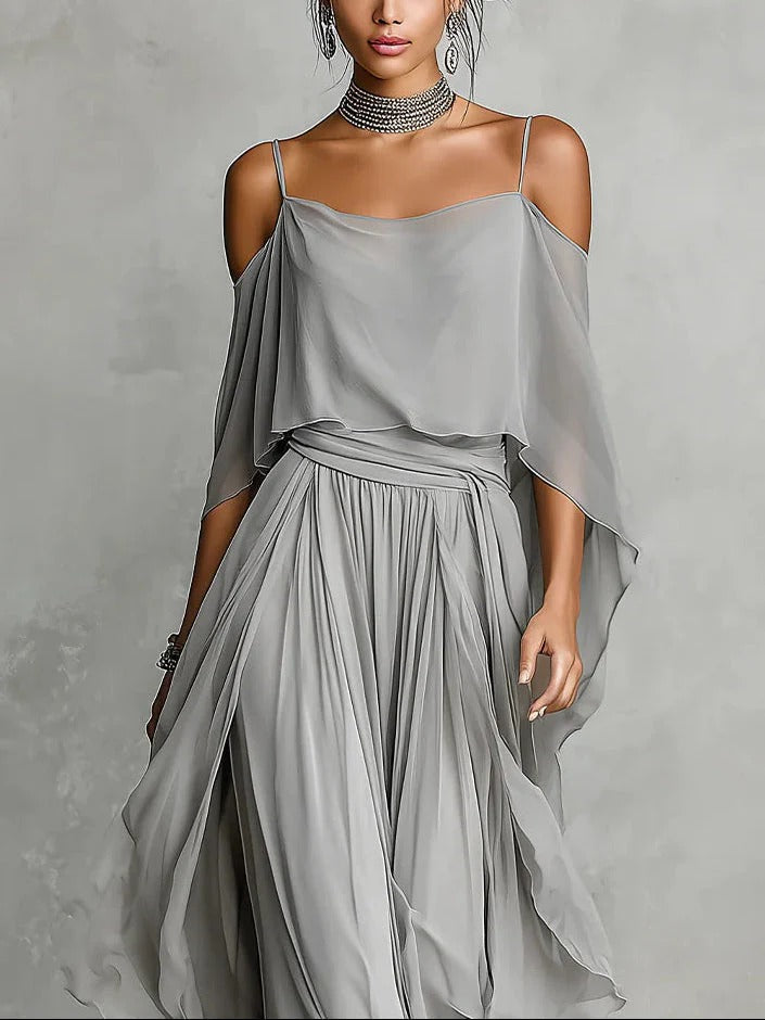 Elegant Gray Women's Set - Flowy Cami Top & Light Wide Trousers for Special Occasions 1