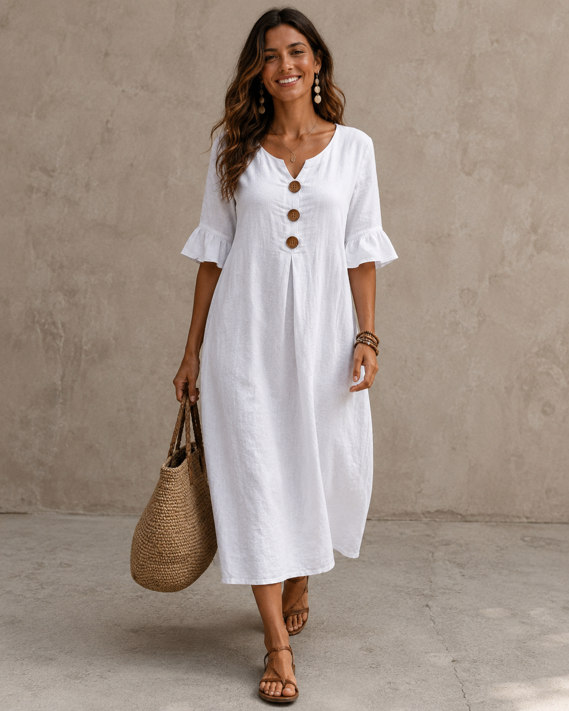 Elegant Linen and Cotton Summer Dress for Women with Ruffled Sleeves 00