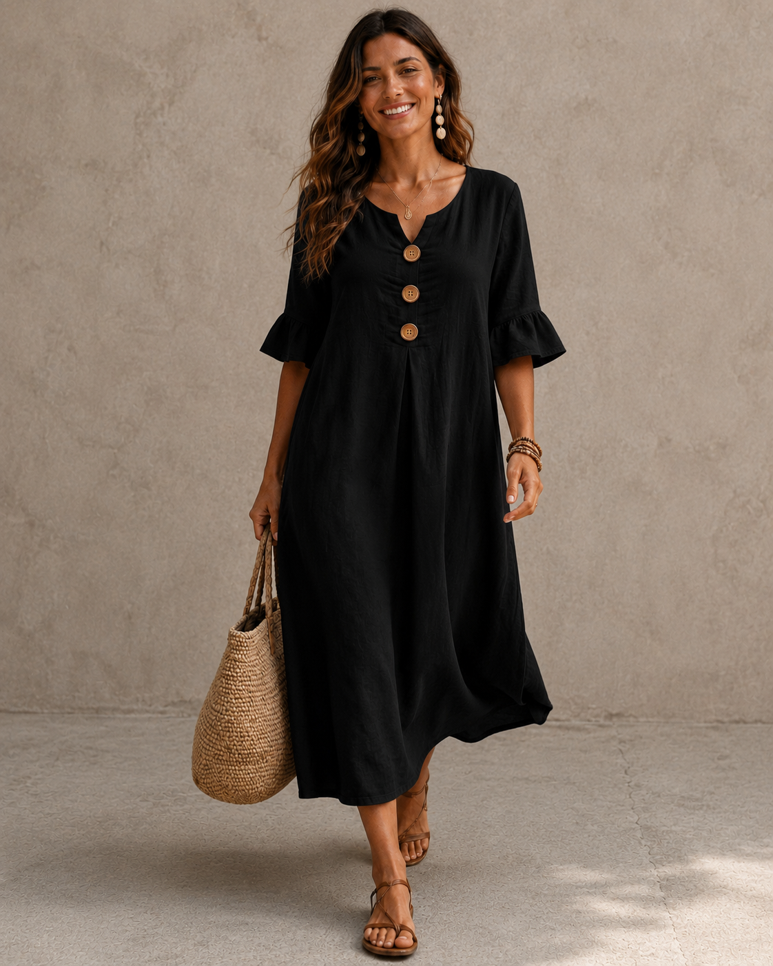 Elegant Linen and Cotton Summer Dress for Women with Ruffled Sleeves 22