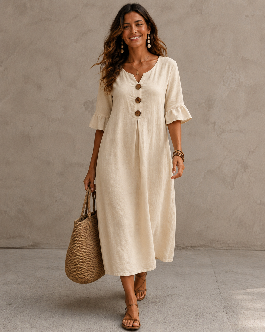 Elegant Linen and Cotton Summer Dress for Women with Ruffled Sleeves 55