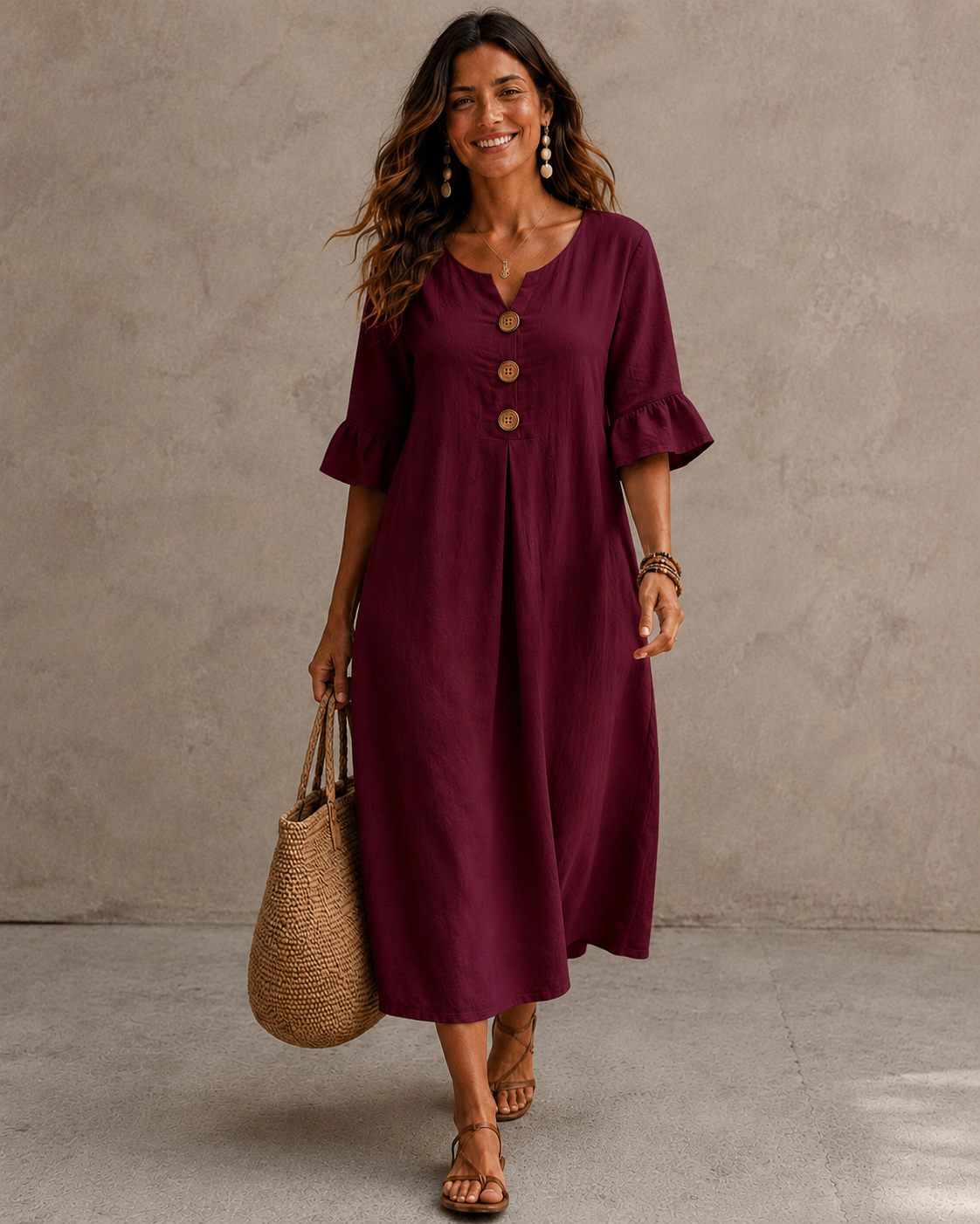 Elegant Linen and Cotton Summer Dress for Women with Ruffled Sleeves 66