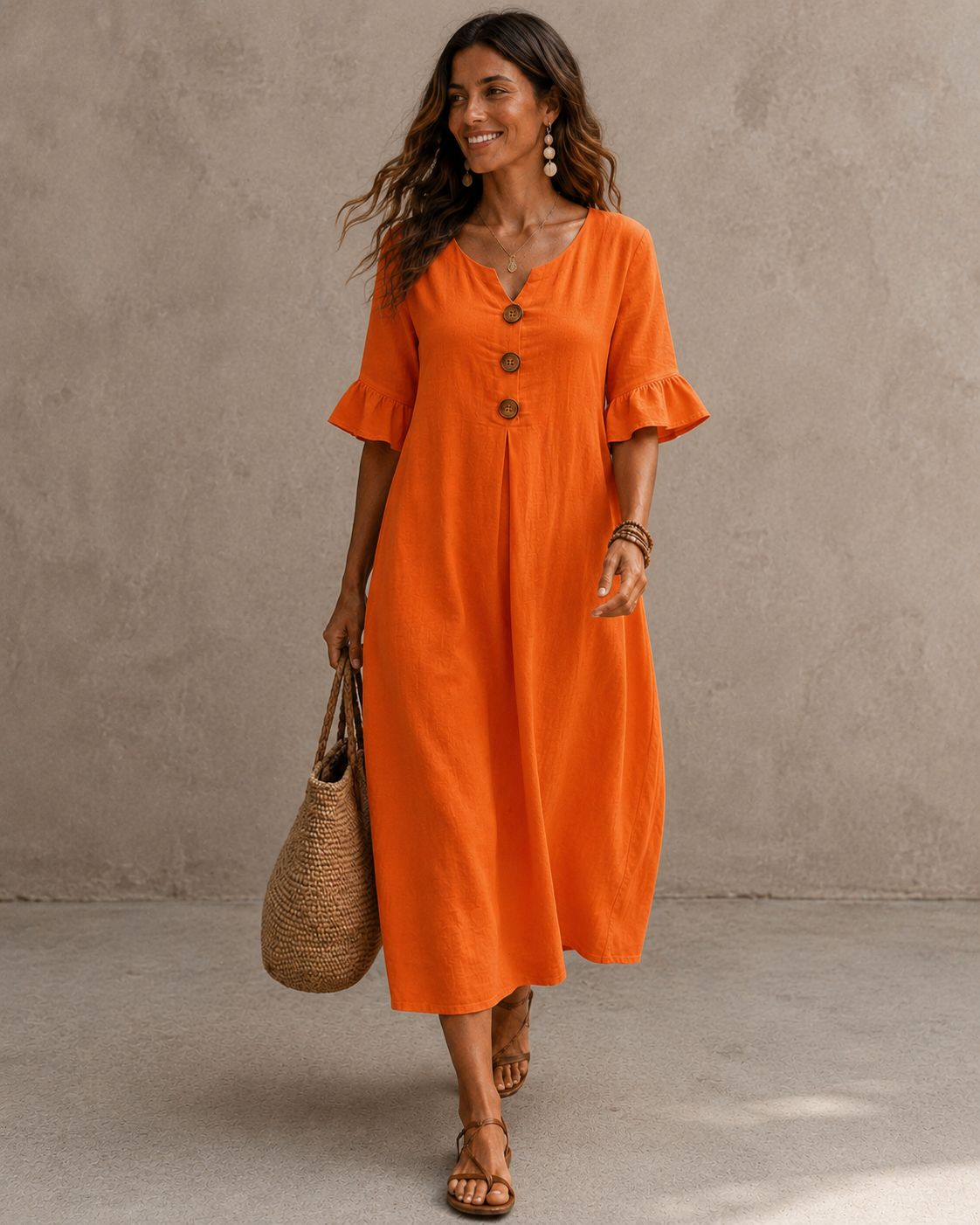 Elegant Linen and Cotton Summer Dress for Women with Ruffled Sleeves 77