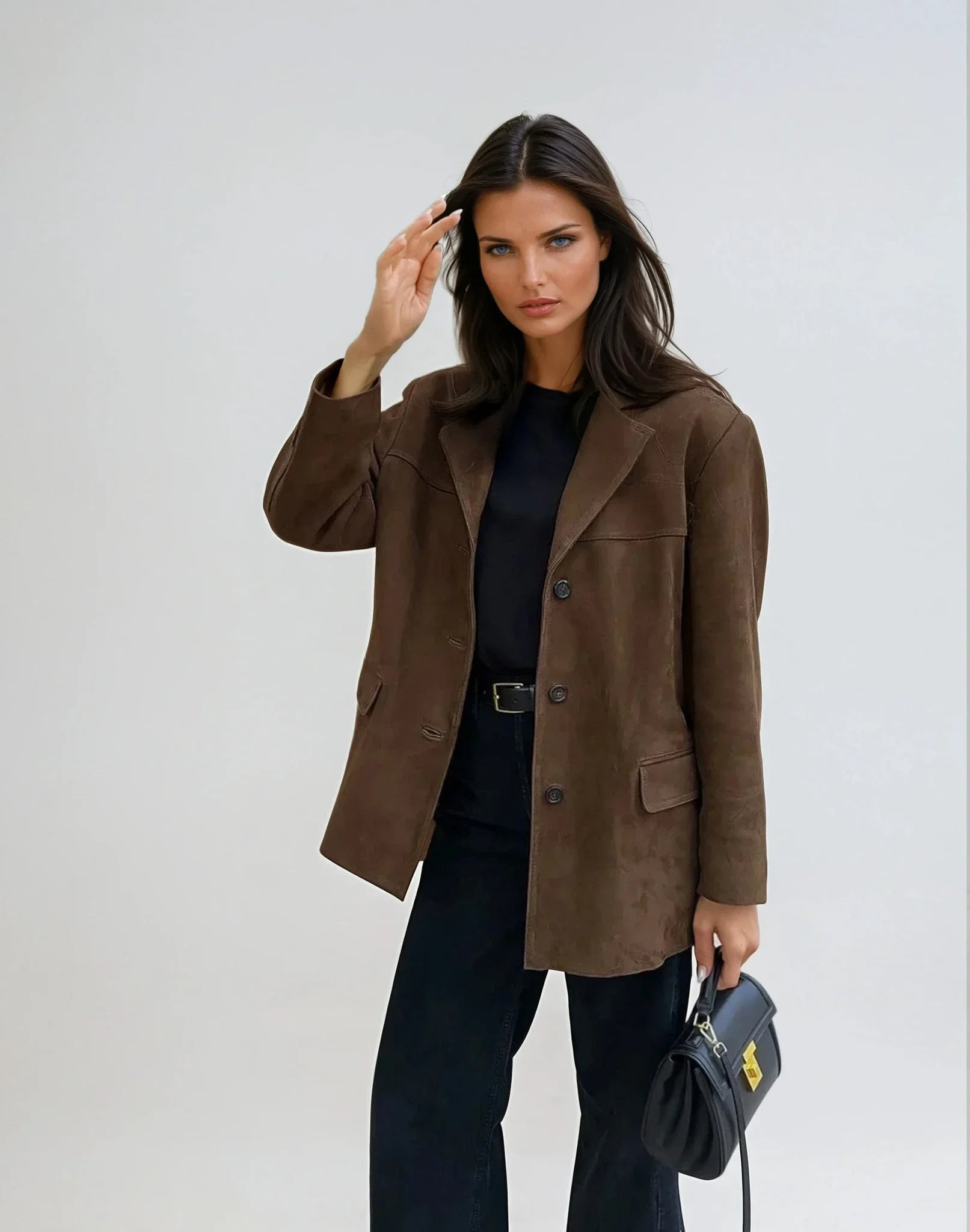 Elegant Women's Brown Suede Blazer Jacket with Pockets - Flattering Fit 0