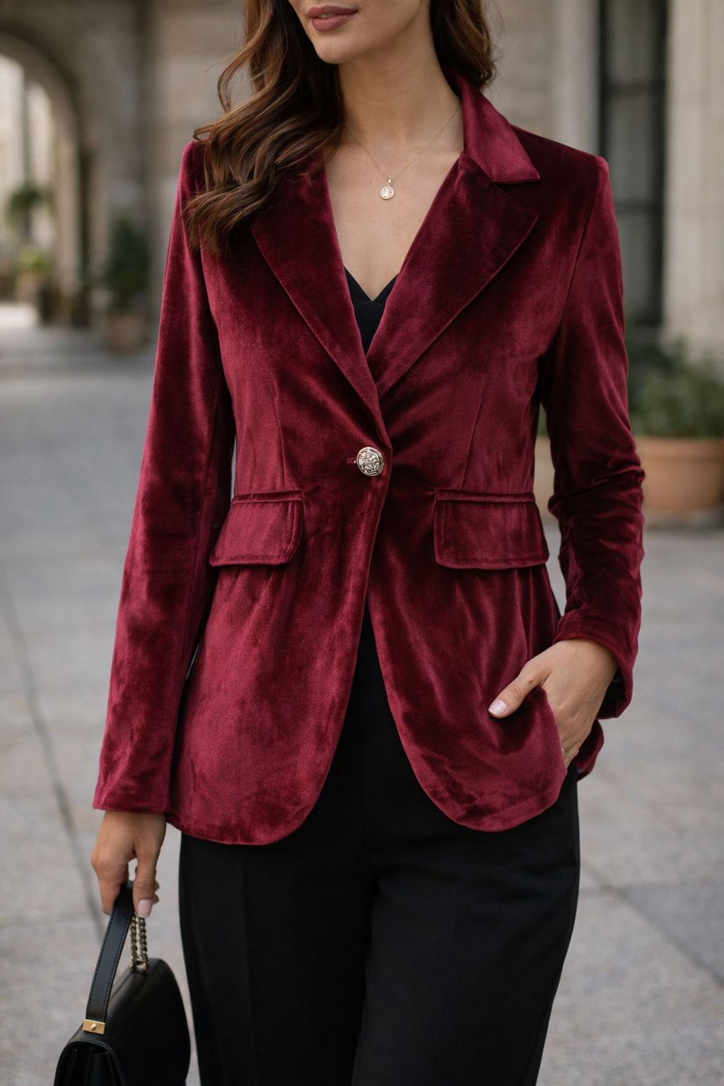 Elegant Women's Fitted Velvet Blazer with One-Button Closure, Chic Style 3