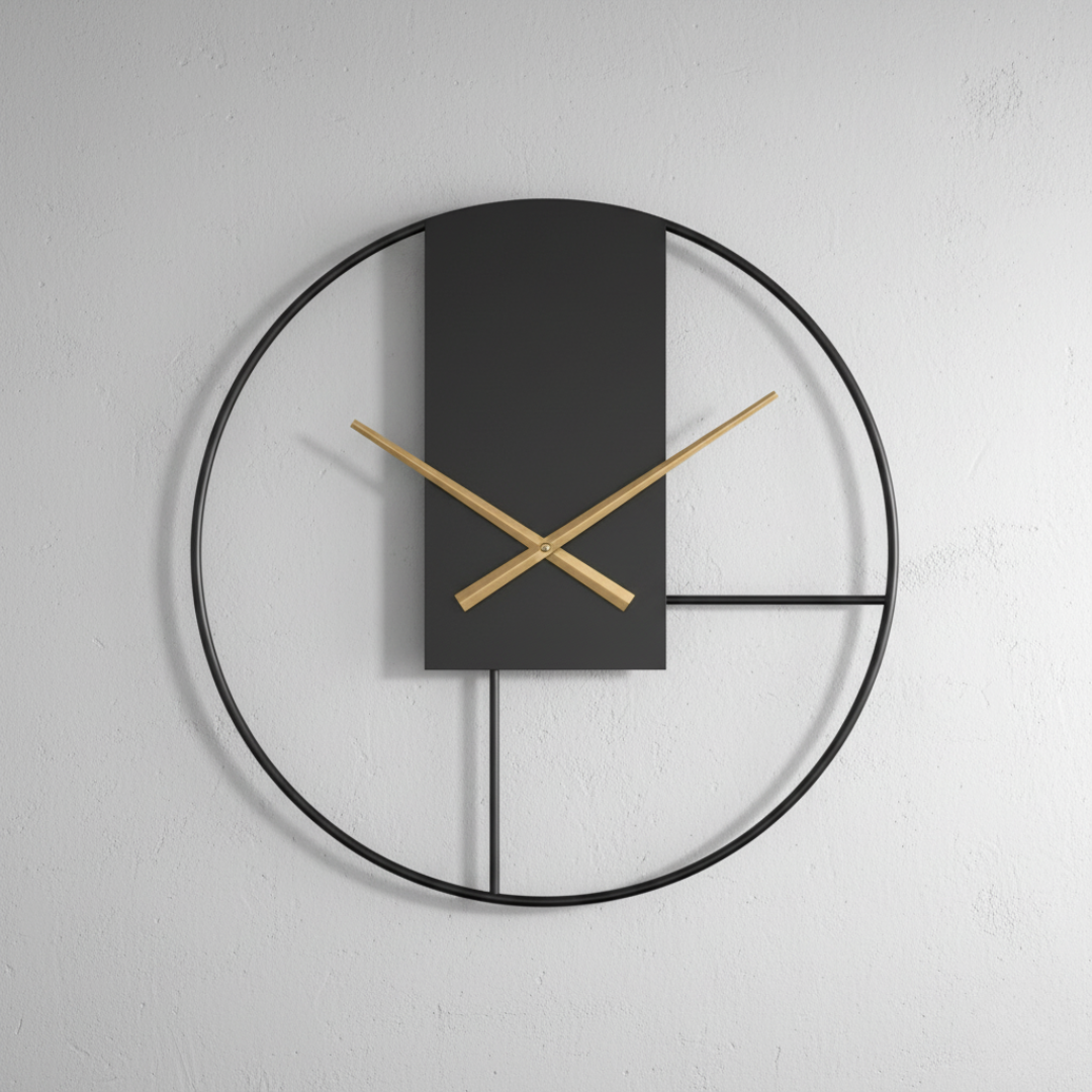 EquilibrioAure Geometric Wall Clock - Black & Gold Minimalist Metal Timepiece