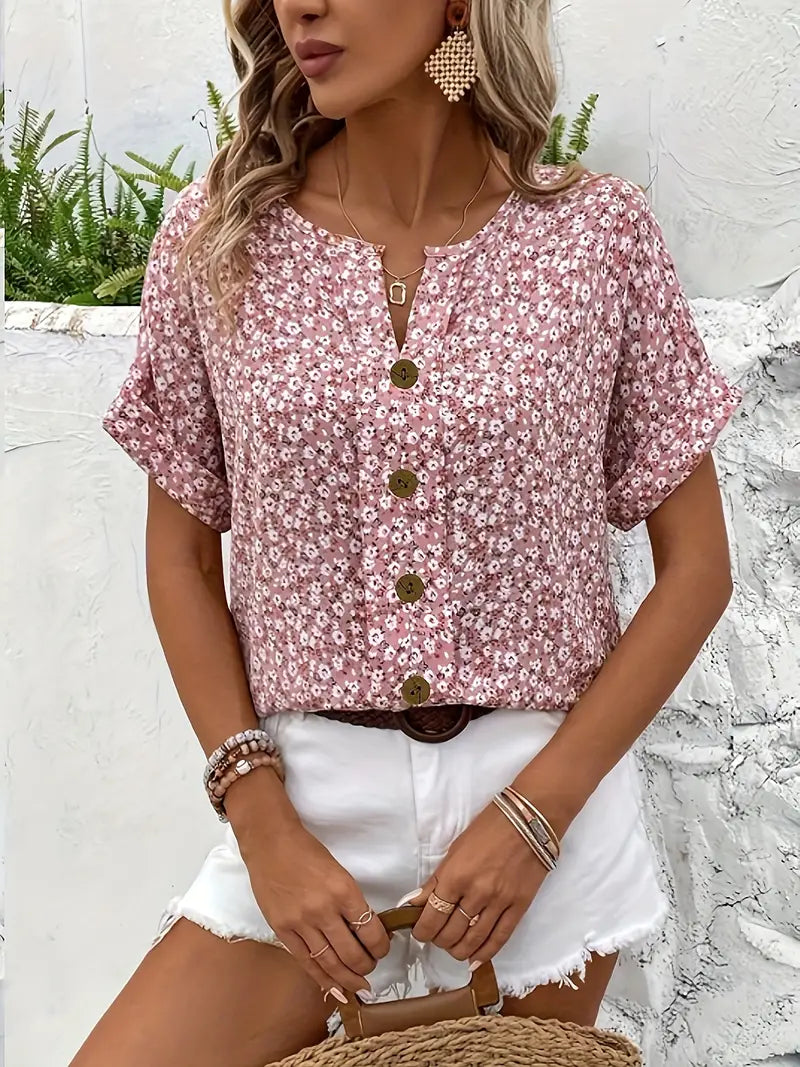 Fiona Women's Blouse | Floral Print, Button-Down Design, Short Sleeve 4