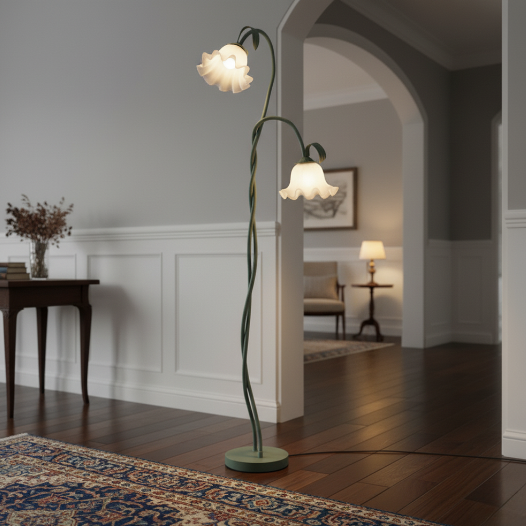 FloreoAura Floral Floor Lamp - White Blossom & Green Stem Botanical Standing Light