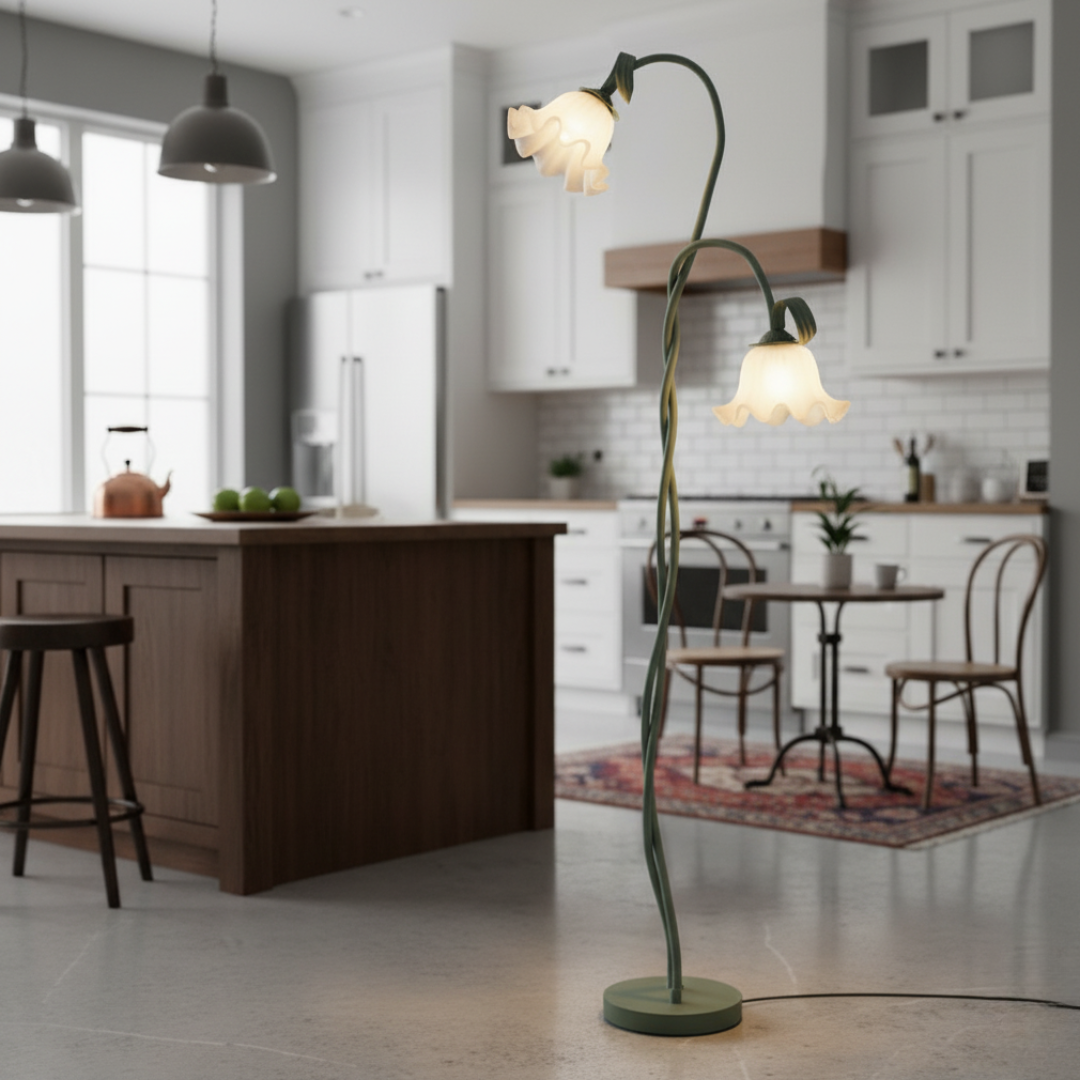 FloreoAura Floral Floor Lamp - White Blossom & Green Stem Botanical Standing Light