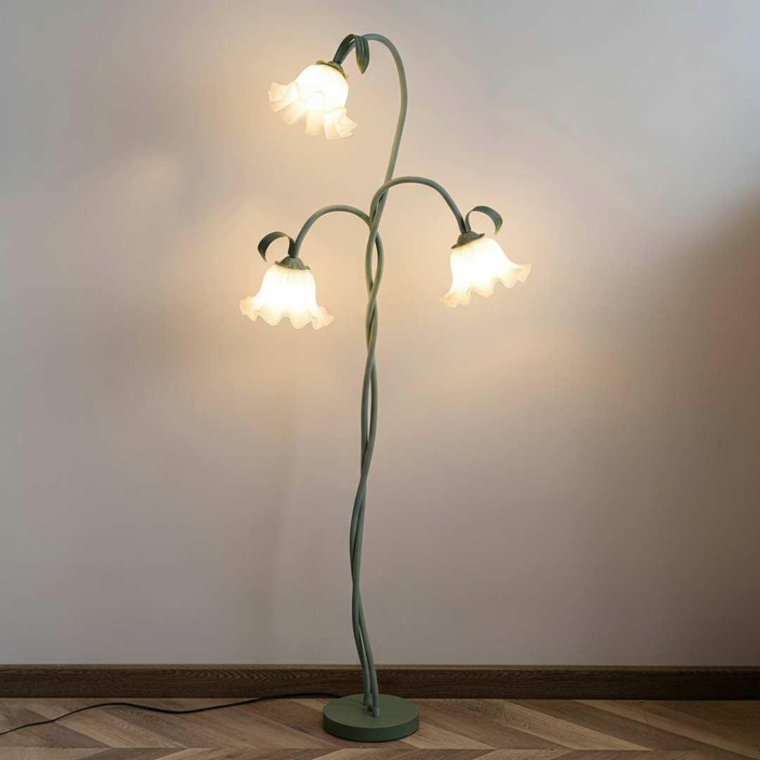 FloreoAura Floral Floor Lamp - White Blossom & Green Stem Botanical Standing Light