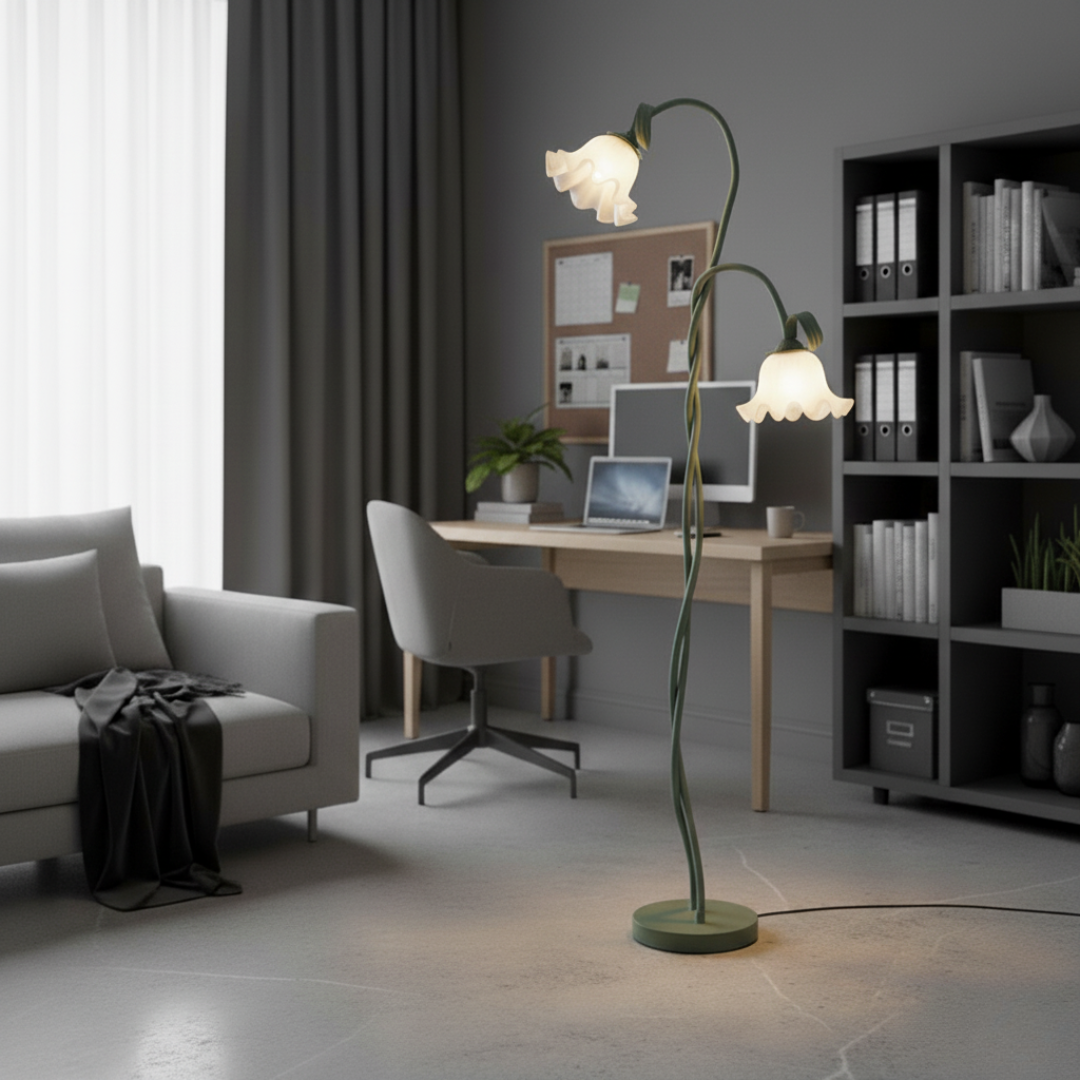 FloreoAura Floral Floor Lamp - White Blossom & Green Stem Botanical Standing Light