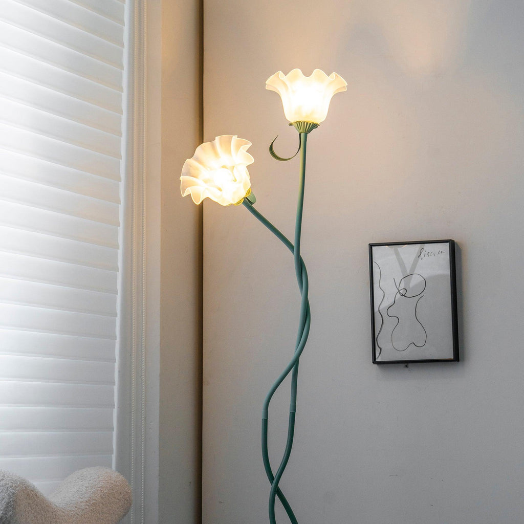 FloreoAura Floral Floor Lamp - White Blossom & Green Stem Botanical Standing Light
