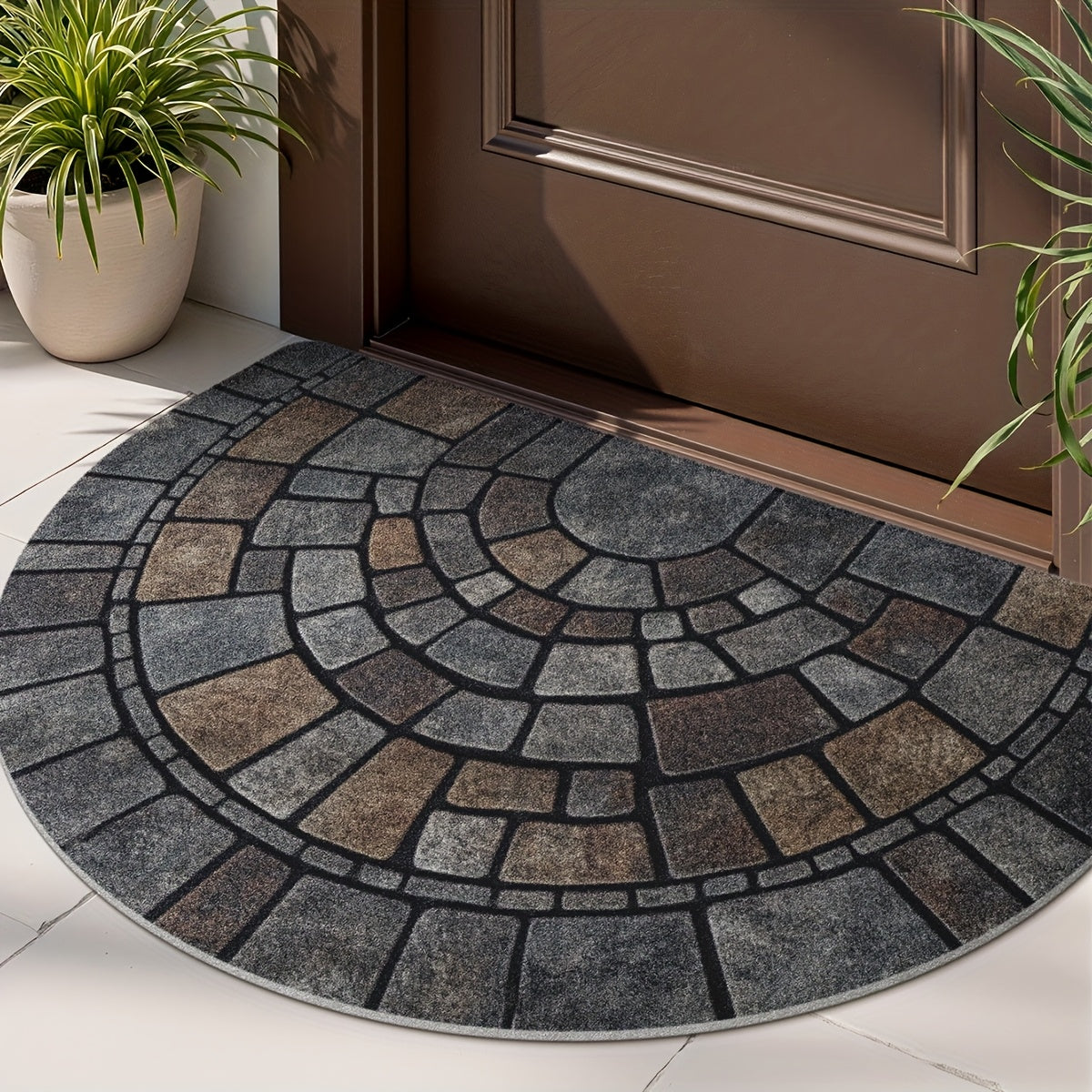 Half Moon Mosaic Doormat – Non-Slip Outdoor Mat for Front Door, Durable Indoor Welcome Mat with Stone-Inspired Design 333