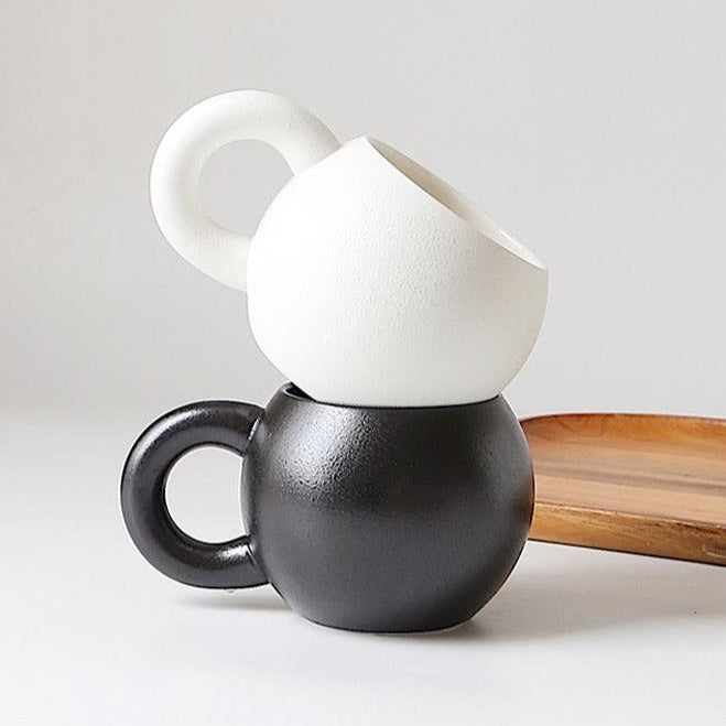 Handmade Ceramic Coffee Mug with Wide Handle – Elegant Black and White Pottery Cup with Blue Interior for Tea and Coffee 1