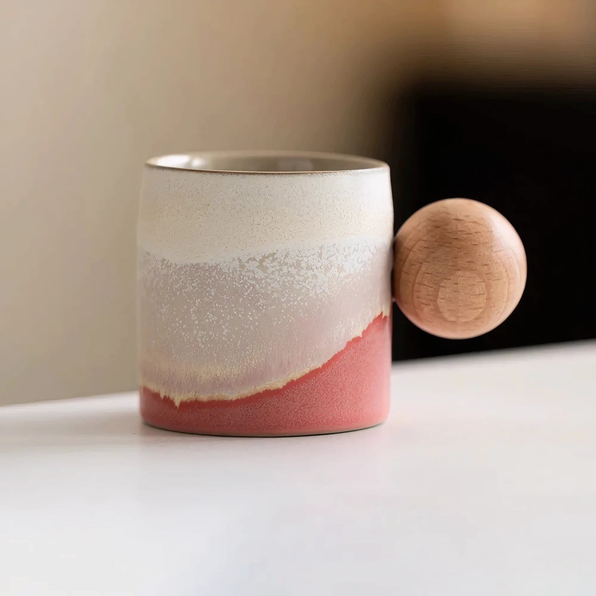 Handmade Ceramic Mug with Wooden Handle – Textured Pottery Coffee Cup in Nature-Inspired Colors 5