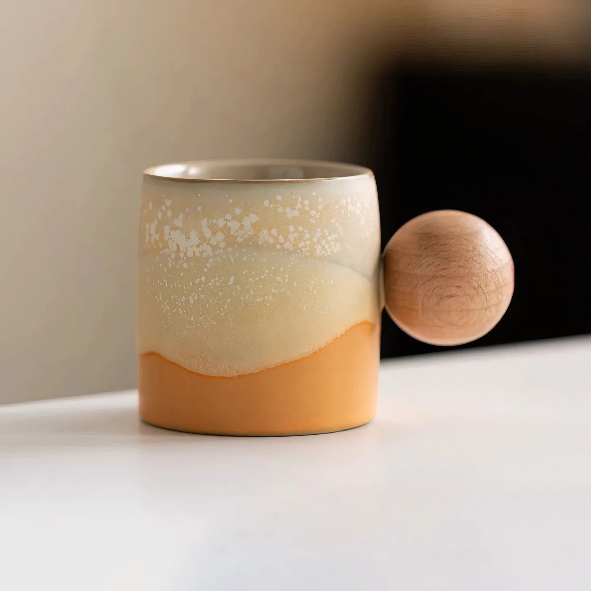 Handmade Ceramic Mug with Wooden Handle – Textured Pottery Coffee Cup in Nature-Inspired Colors 7