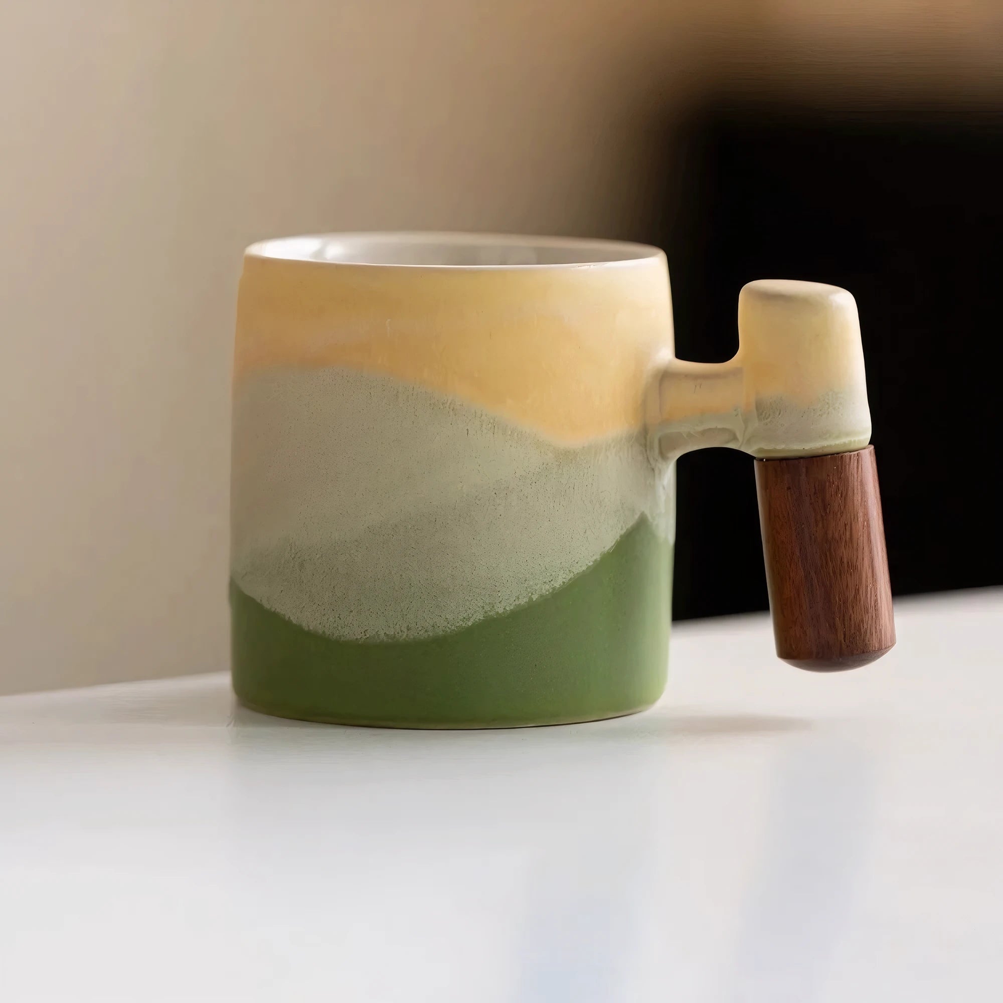 Handmade Ceramic Mug with Wooden Handle – Textured Pottery Coffee Cup in Nature-Inspired Colors 8