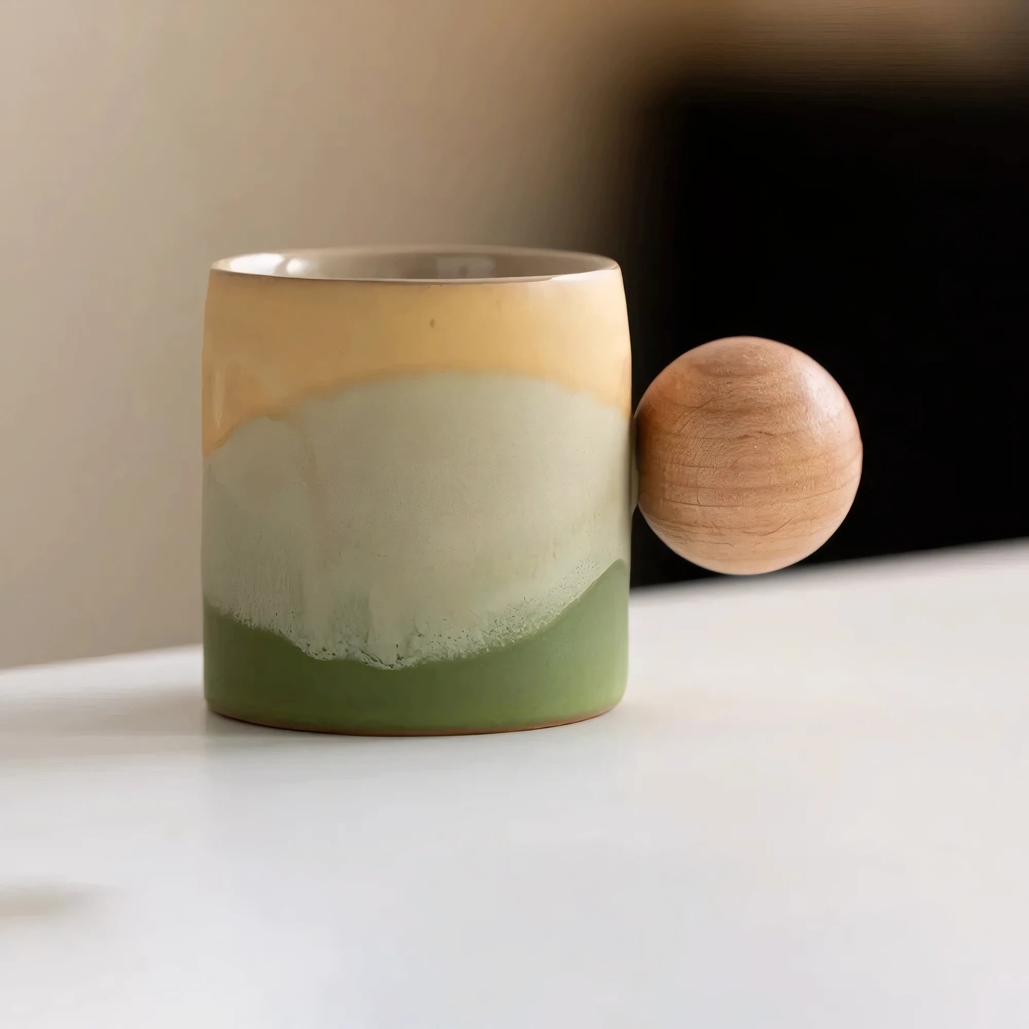 Handmade Ceramic Mug with Wooden Handle – Textured Pottery Coffee Cup in Nature-Inspired Colors 9