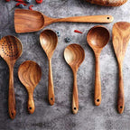 Handmade Teak Wooden Kitchen Utensil Set - 7 Eco-Friendly Cooking Tools Including Spatula, Ladle, and Spoon 0