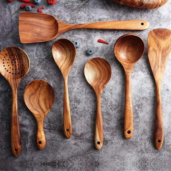 Handmade Teak Wooden Kitchen Utensil Set - 7 Eco-Friendly Cooking Tools Including Spatula, Ladle, and Spoon 0