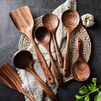Handmade Teak Wooden Kitchen Utensil Set - 7 Eco-Friendly Cooking Tools Including Spatula, Ladle, and Spoon 2