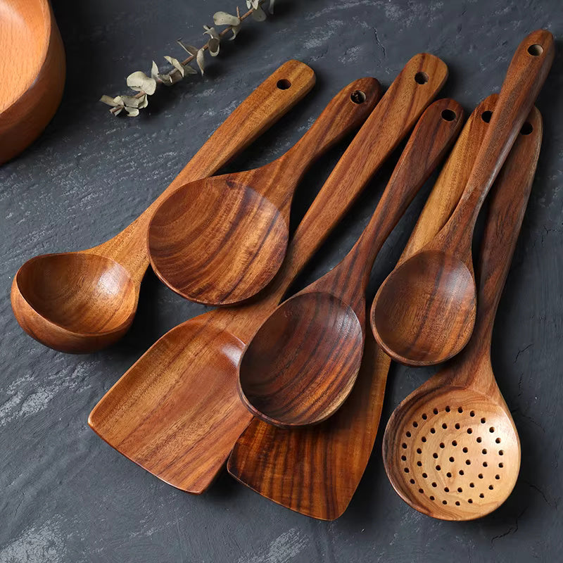Handmade Teak Wooden Kitchen Utensil Set - 7 Eco-Friendly Cooking Tools Including Spatula, Ladle, and Spoon 3