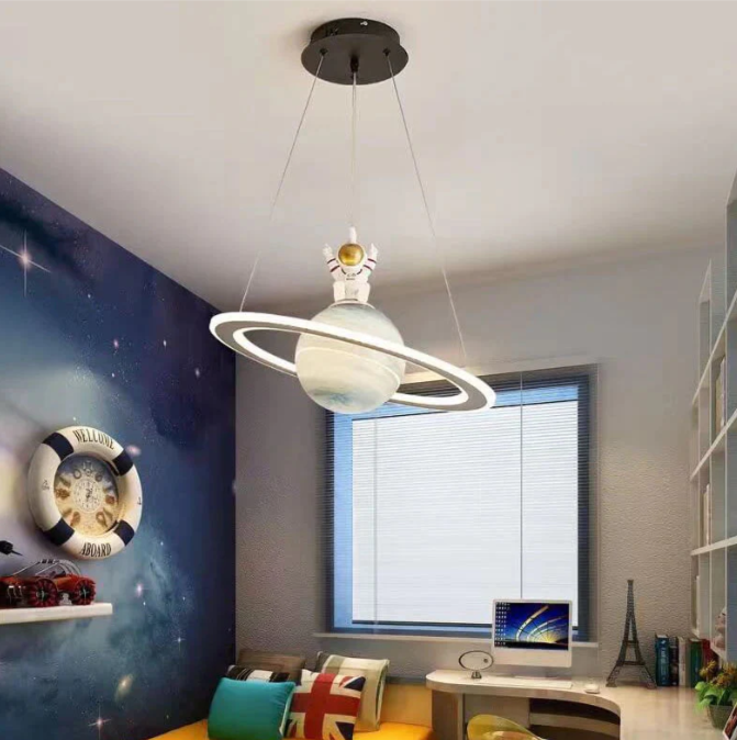Kids Astronaut & Planet LED Pendant Light - Warm White Space Theme Ceiling Lamp