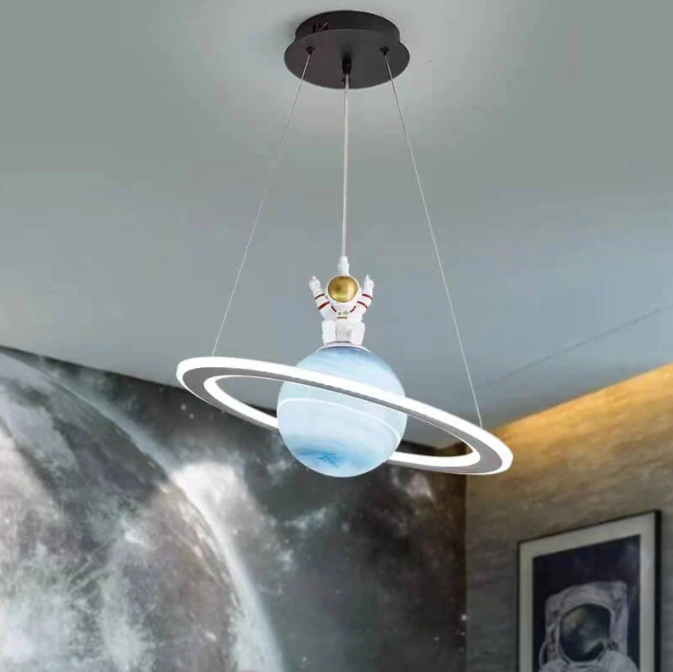 Kids Astronaut & Planet LED Pendant Light - Warm White Space Theme Ceiling Lamp