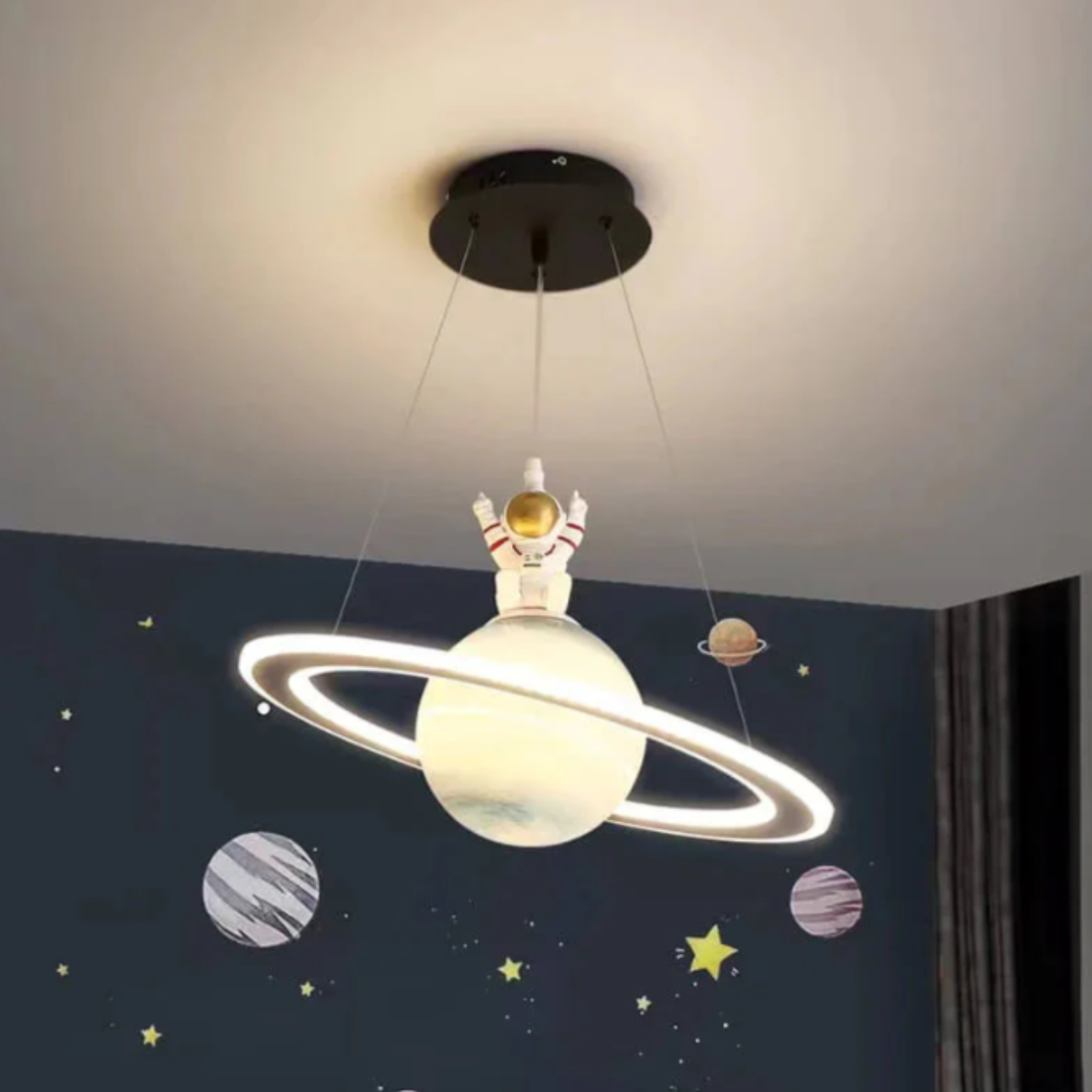 Kids Astronaut & Planet LED Pendant Light - Warm White Space Theme Ceiling Lamp
