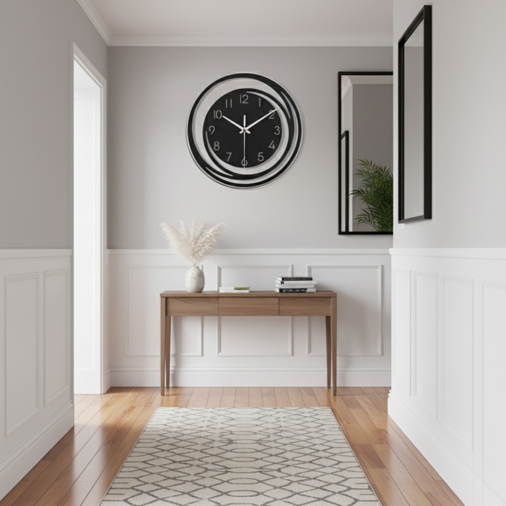 KinetOscuro Silent Wall Clock - Black Acrylic Minimalist Geometric Design, 180mm