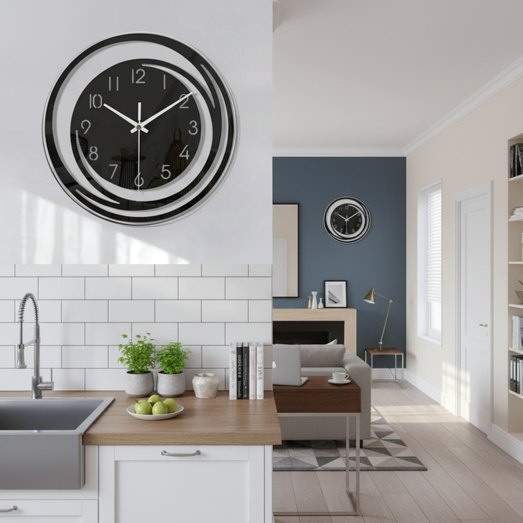 KinetOscuro Silent Wall Clock - Black Acrylic Minimalist Geometric Design, 180mm