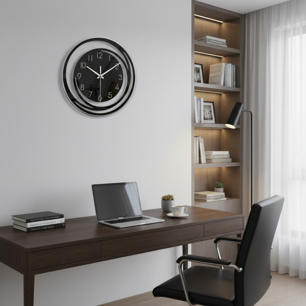 KinetOscuro Silent Wall Clock - Black Acrylic Minimalist Geometric Design, 180mm
